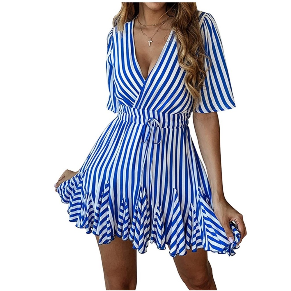 Women's Short Sleeve Striped Wrap Ruffle Hem Pleated Mini Dress - M